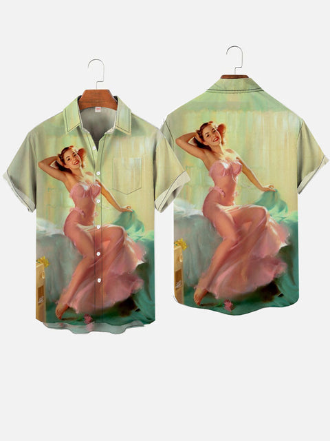 Vintage Pin Up Girl Poster Beauty In Pink Nightgown Printing Breast Pocket Short Sleeve Shirt