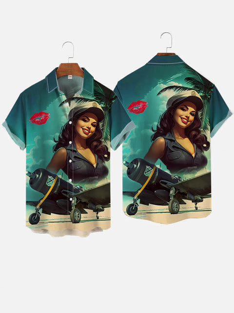 Vintage Pin Up Girl Poster Red Lips And Beauty Printing Short Sleeve Shirt