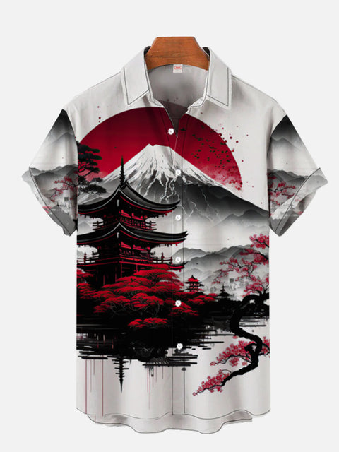 Ukiyo-E Japanese Mount Fuji Painting And Antique Duilding Printing Short Sleeve Shirt