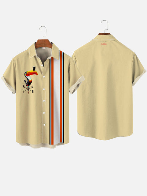 Vacation Style Yellow And White Matching Stripes And Toucan Printing Short Sleeve Shirt