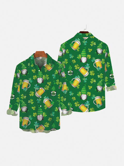 St. Patrick's Day Shamrock Beer And Goblin Printing Breast Pocket Long Sleeve Shirt