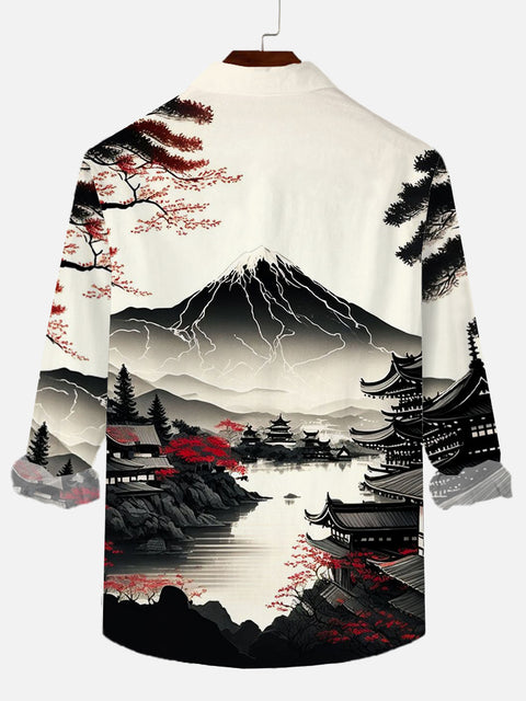 Ukiyo-E Red And Black Ink Painting Art Mountains And Waterside Town Printing Breast Pocket Long Sleeve Shirt