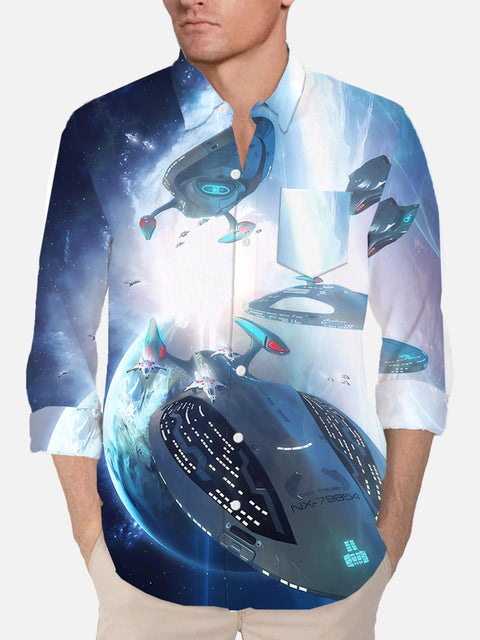 Sci-Fi Aurora Spaceships Printing Breast Pocket Long Sleeve Shirt