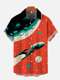 Orange Sci-Fi Interstellar Travel Fleet Space Starship And Planet Poster Printing Short Sleeve Shirt