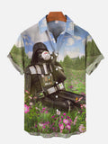 Armed Masked Man Drinking Coffee In Lawn Printing Breast Pocket Short Sleeve Shirt