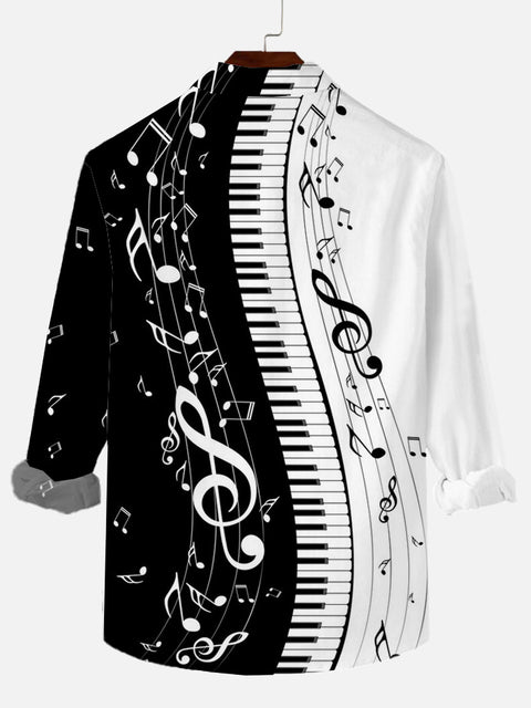 Artistic Curve Stitching Black And White Piano Keys And Musical Notes Printing Long Sleeve Shirt