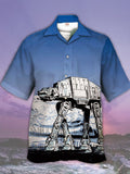 Eye-Catching Space War Giant Walker On Barren Snowy Field Printing Cuban Collar Hawaiian Short Sleeve Shirt