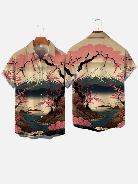 Ukiyo-e Japanese Style Mount Fuji And Cherry Blossoms Printing Breast Pocket Short Sleeve Shirt