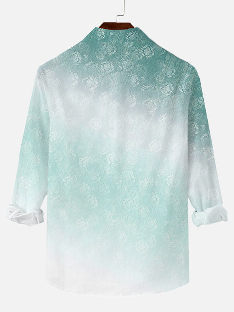 Cyan Gradient Tie-Dye Floral Printing Breast Pocket Long Sleeve Shirt