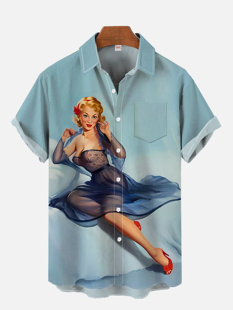 Blue Vintage Pin Up Girl Poster Sexy Beauty Printing Breast Pocket Short Sleeve Shirt