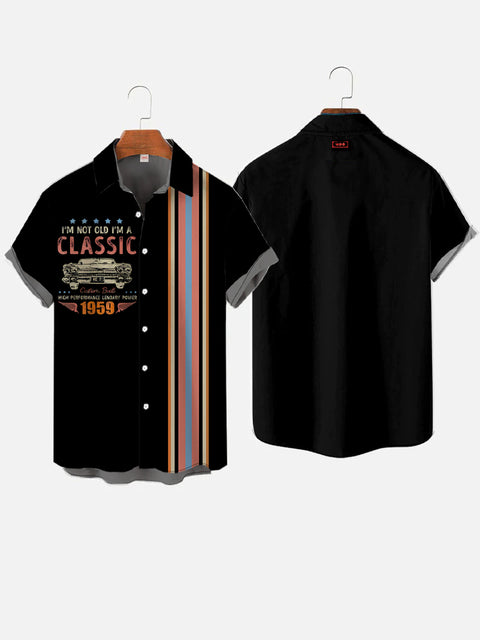 Retro Black and Multi Color Stripes Stitching Medieval Style Retro Car Printing Short Sleeve Shirt