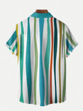 Abstract Art Contrasting Color Wave Vertical Stripes Printing Short Sleeve Shirt