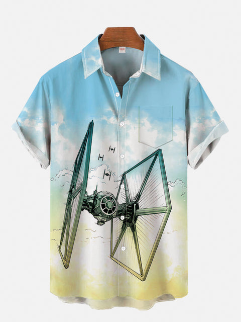 Comic Style Sci-Fi Spaceship Fleet In Clear Sky Printing Breast Pocket Short Sleeve Shirt