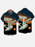 Retro Spaceship And Orange Planet In Starry Sky Poster Printing Short Sleeve Shirt