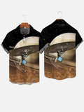 Black Starry Night Foggy Space Sci-Fi Starship And Planet Printing Short Sleeve Shirt