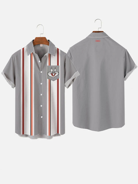 Retro Gray And White Stripes And Cartoon Bunny Breast Pocket Short Sleeve Shirt