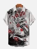 Ukiyo-E Ink Painting Koi Fish And Cherry Blossoms Tattoo Printing Short Sleeve Shirt
