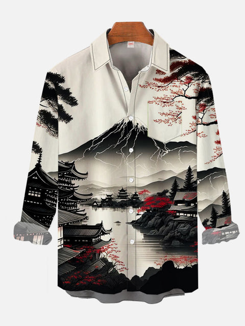 Ukiyo-E Red And Black Ink Painting Art Mountains And Waterside Town Printing Breast Pocket Long Sleeve Shirt