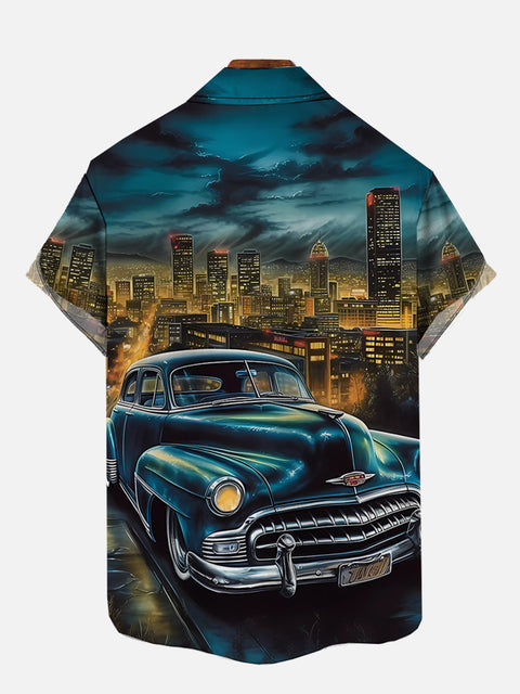 Hawaii Lighted City Night Scene And Classic Car Printing Short Sleeve Shirt