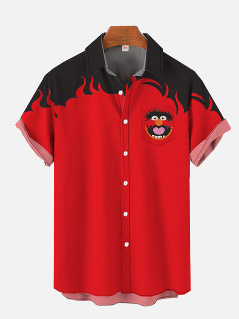 Red And Black Stitching Hairy Monster Printing  Cartoon Costume Short Sleeve Shirt