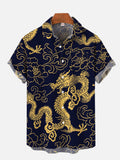 Mysterious Oriental Navy And Golden Dragon Totem And Auspicious Clouds Printing Breast Pocket Short Sleeve Shirt