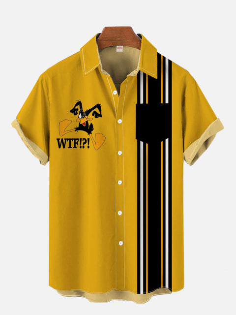 Retro Yellow And Black Stripes And Cartoon Duck Printing Breast Pocket Short Sleeve Shirt