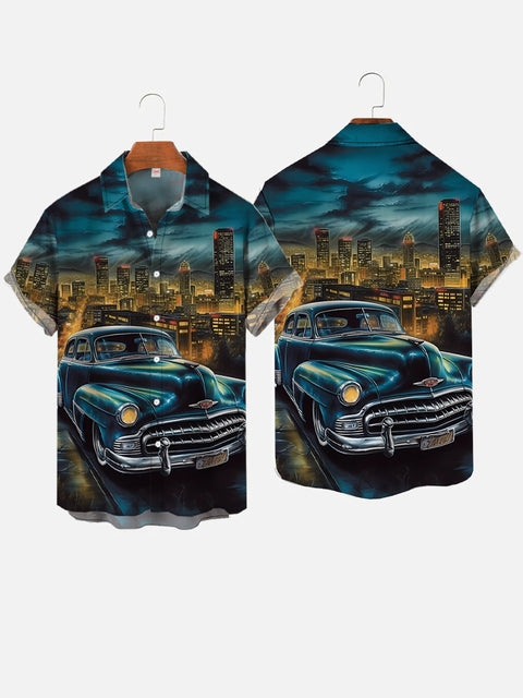 Hawaii Lighted City Night Scene And Classic Car Printing Short Sleeve Shirt