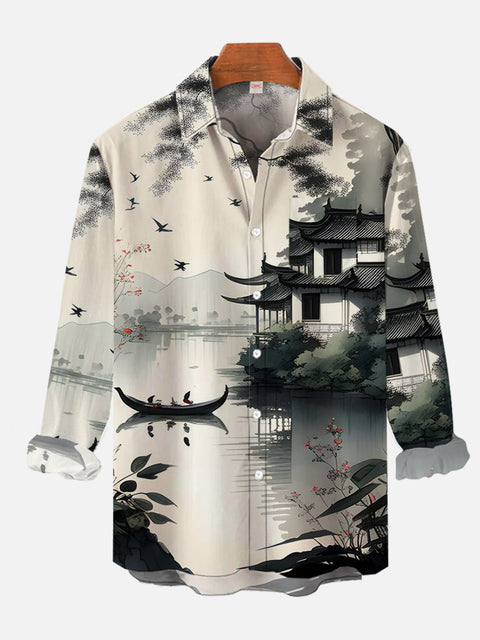Ink Style Chinese Waterside Garden Architecture Printing Long Sleeve Shirt