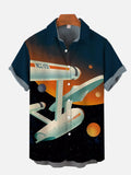 Retro Spaceship And Orange Planet In Starry Sky Poster Printing Short Sleeve Shirt