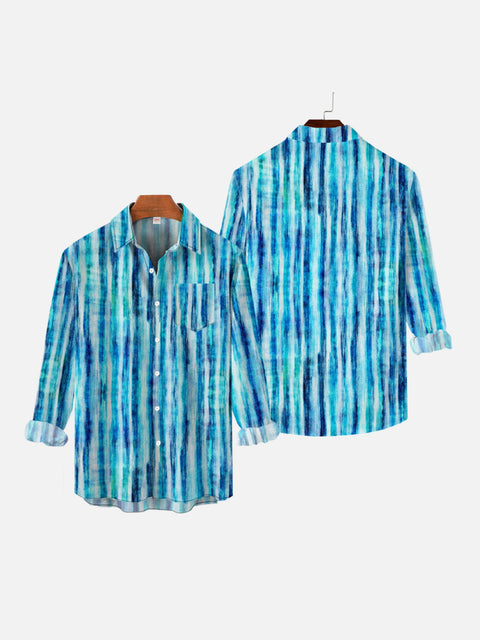 Vintage Blue Gradient Tie Dye Stripes Printing Breast Pocket Long Sleeve Shirt