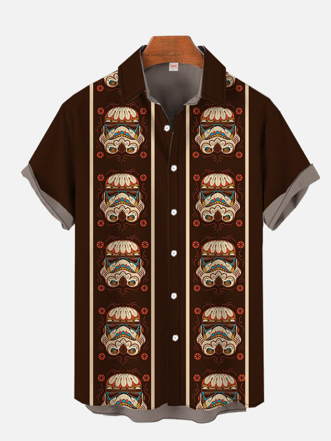 50S Retro Brown Stripes And Space War Samurai Helmet Printing Short Sleeve Shirt