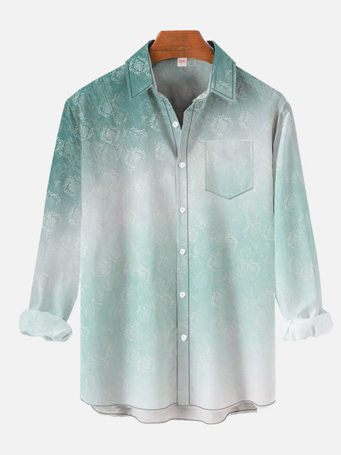 Cyan Gradient Tie-Dye Floral Printing Breast Pocket Long Sleeve Shirt