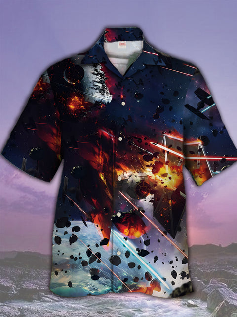 Eye-Catching Space War Meteorites And Spaceships Printing Cuban Collar Hawaiian Short Sleeve Shirt