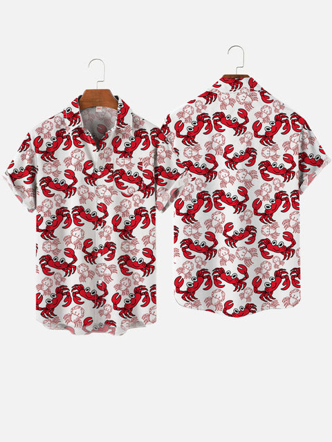 Cartoon Hand-Painted Sea Life Crab Printing Breast Pocket Short Sleeve Shirt