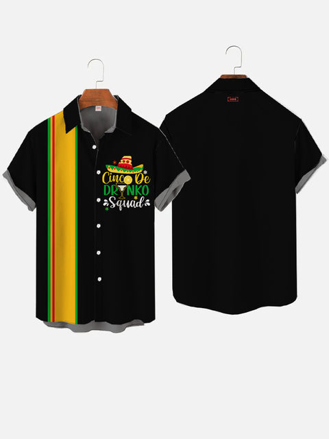 Retro Yellow And Black Stripe And Cinco De Mayo Elements Printing Short Sleeve Shirt