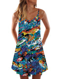 Hippie Colorful Swimming Fish In Watercolor Style Printing Sleeveless Camisole Dress