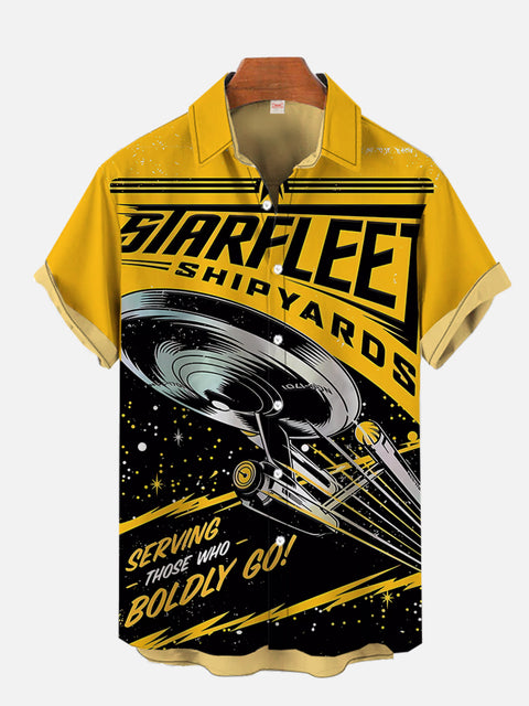 Sci-Fi Interstellar Travel Fleet Yellow Black Poster Spaceship Printing Short Sleeve Shirt