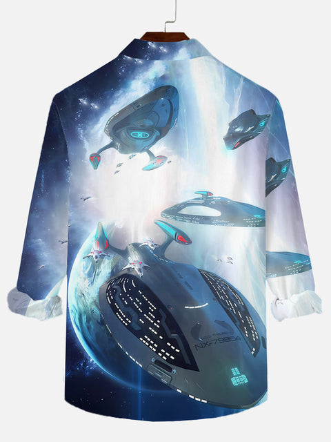 Sci-Fi Aurora Spaceships Printing Breast Pocket Long Sleeve Shirt