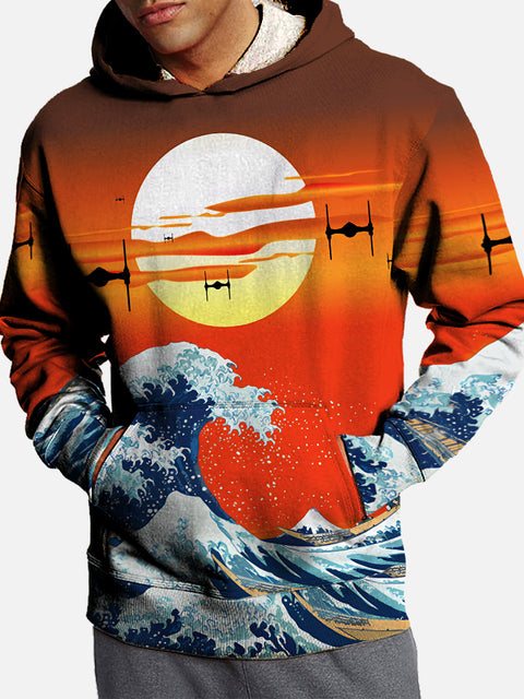 Ukiyo-E Orange Sunset Drones With Ocean Waves Personalized Printing Hooded Sweatshirt