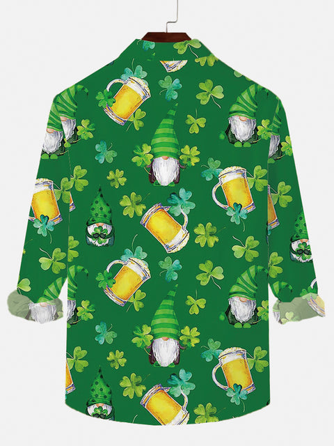 St. Patrick's Day Shamrock Beer And Goblin Printing Breast Pocket Long Sleeve Shirt