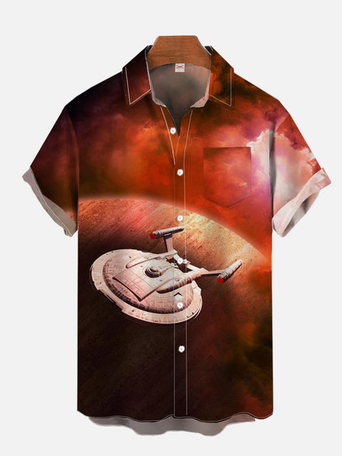 Sci-Fi Gradient Red Cosmic And Starship Printing Breast Pocket Short Sleeve Shirt