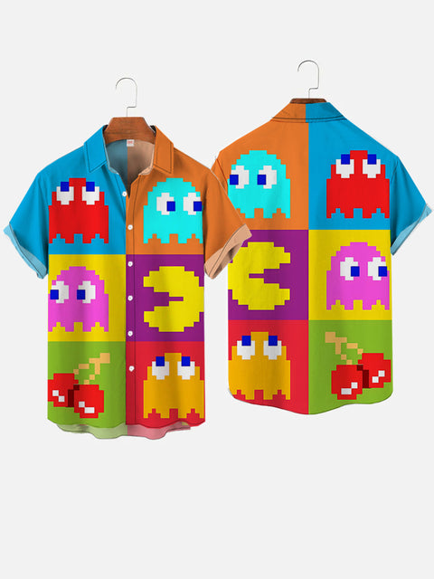 Cartoon Color Blocks Colorful Jellyfish And Yellow Round Mouth Monster Printing Short Sleeve Shirt