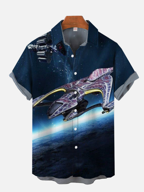 Sci-Fi Blue Outer Space Cool Spaceship Printing Short Sleeve Shirt