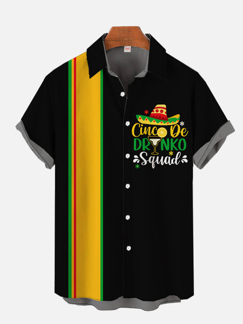 Retro Yellow And Black Stripe And Cinco De Mayo Elements Printing Short Sleeve Shirt
