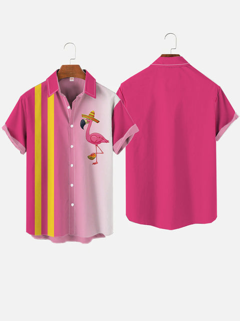 Gradient Pink Mexican Flamingo And Stripes Printing Short Sleeve Shirt