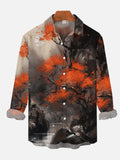 Beautiful Scenery Ink Painting Stones And River And Gorgeous Leaves Printing Breast Pocket Long Sleeve Shirt