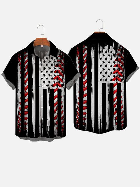Retro Black And White American Flag Of Baseball Printing Short Sleeve Shirt