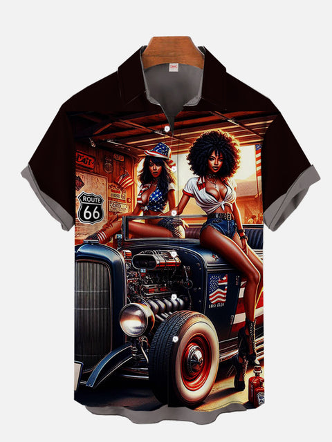 Vintage Pin Up Girl Poster Sexy Girls And Vintage American Cars Printing Short Sleeve Shirt