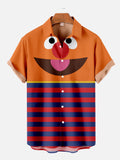 Cartoon Image Big Eyes Orange And Stripes Patchwork Cartoon Costume Short Sleeve Shirt