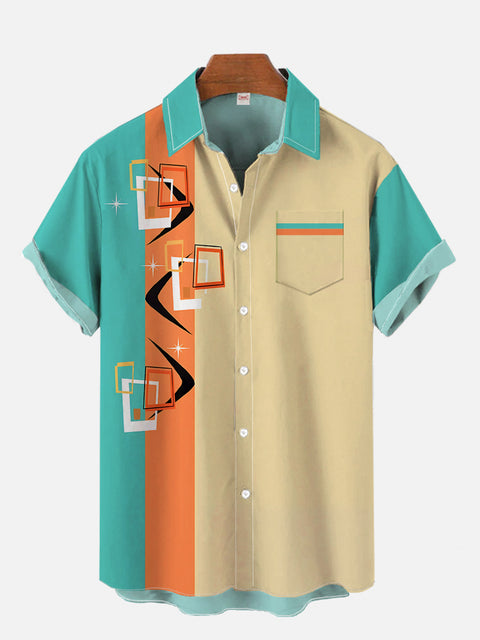 Retro Multicolor Striped Bowling Medieval Geometry Pattern Hawaiian Printing Breast Pocket Short Sleeve Shirt